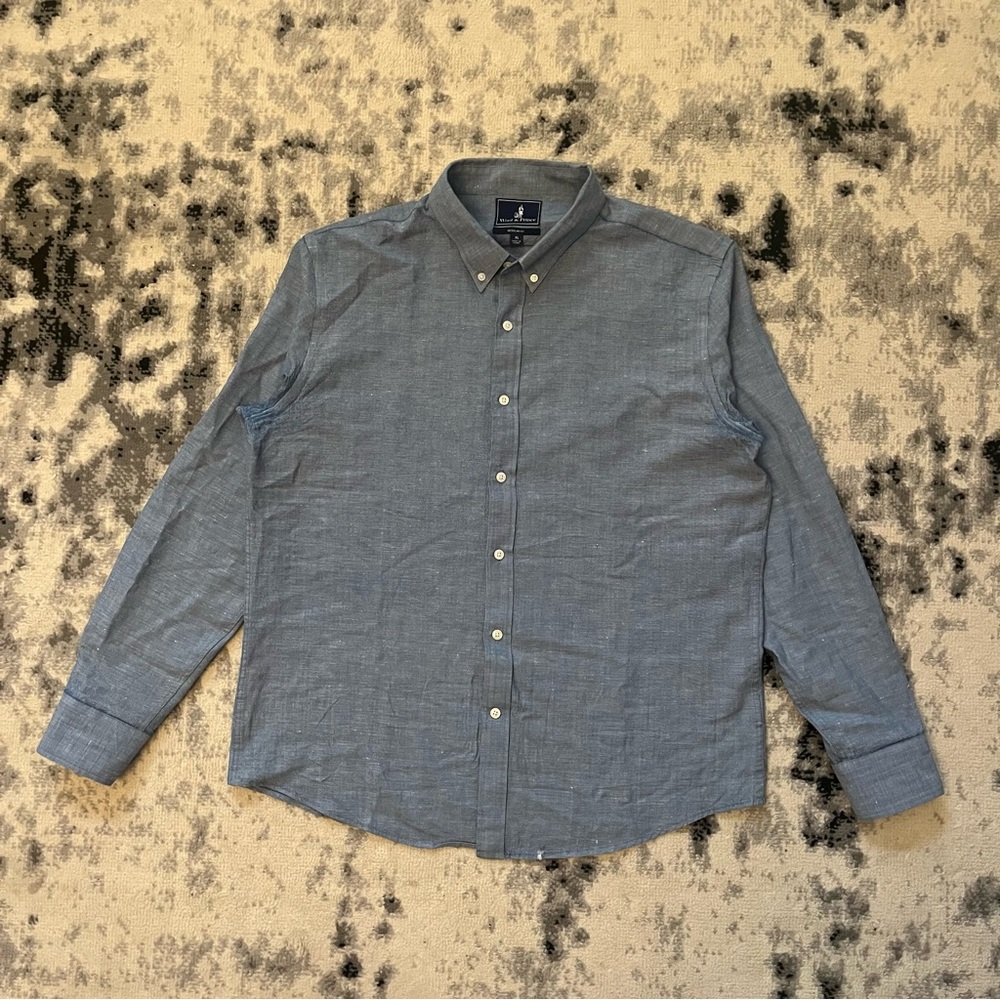 Wool & Prince Mens XL Blue Chambray Wool Linen Travel Button Down Shirt Casual